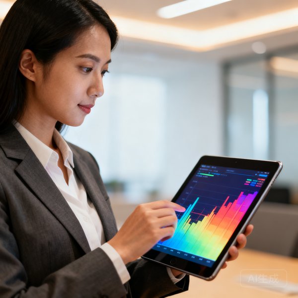 亚裔女性数据分析师，手持平板电脑展示热图